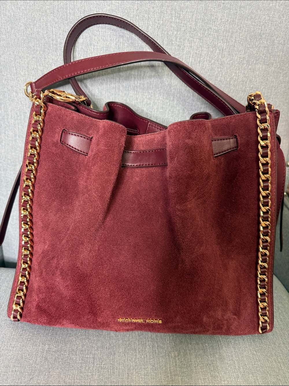 Michael Kors Wine Suede Shoulder Tote with Gold Chain Trim